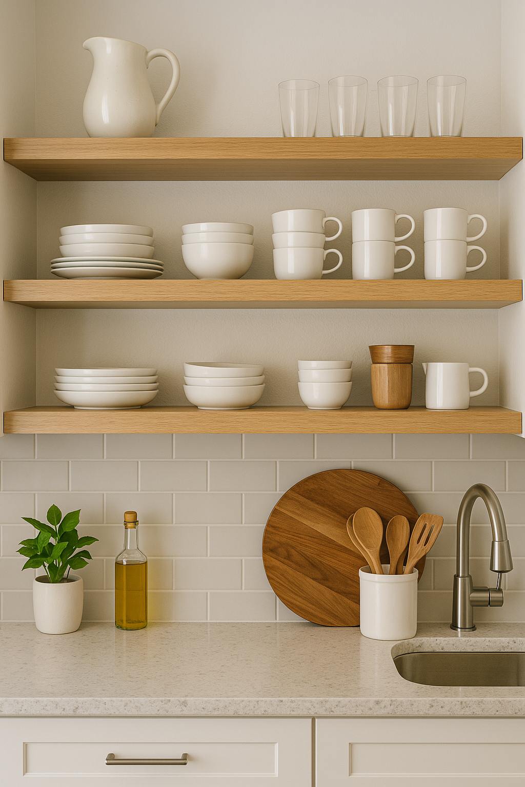 Modern kitchen with natural wood open shelving holding white dishware, glasses, and decorative elements against a clean subway tile backsplash.