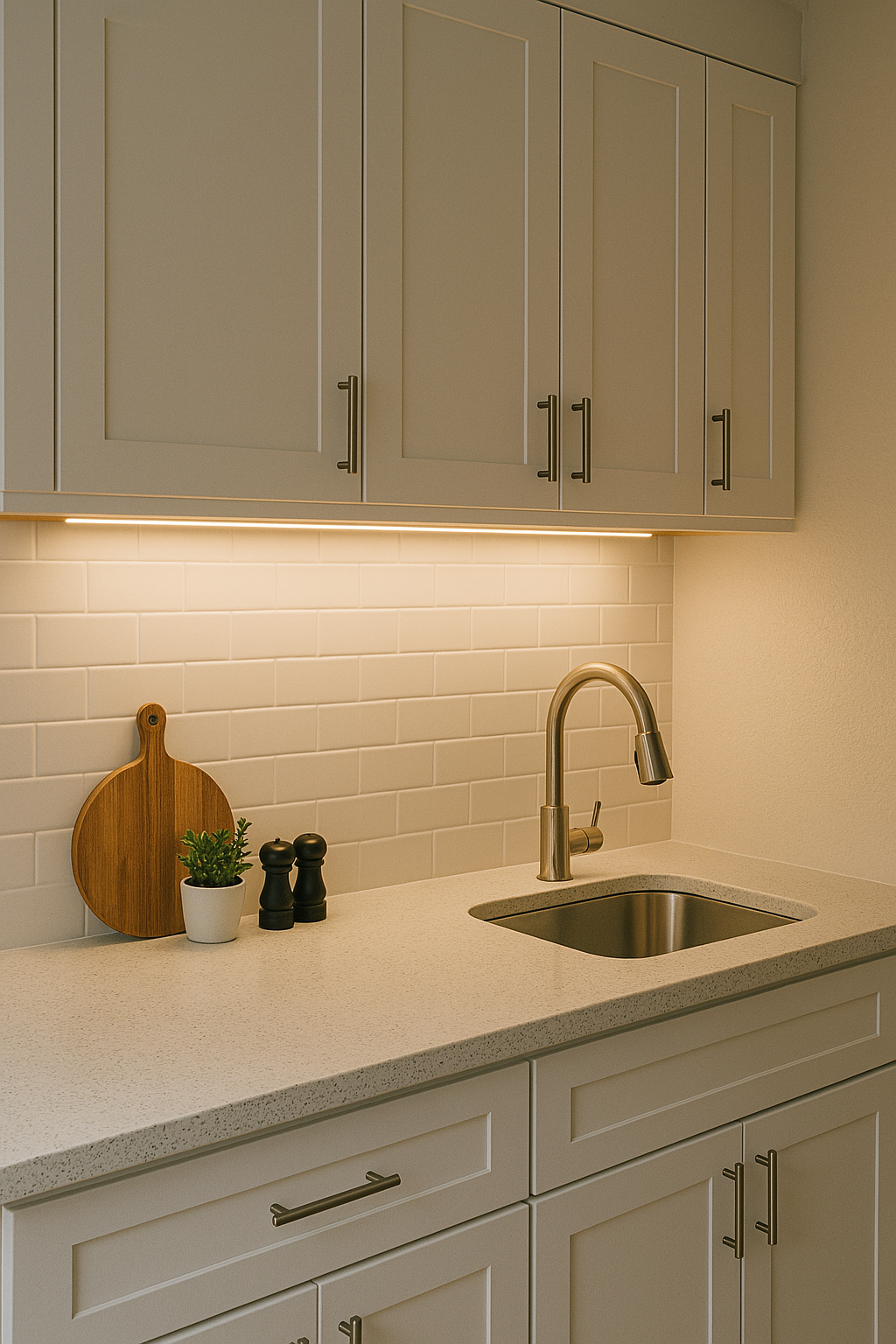 Modern kitchen showcasing warm under-cabinet lighting highlighting a white subway tile backsplash, sleek countertop, and centered sink, enhancing functionality and style.