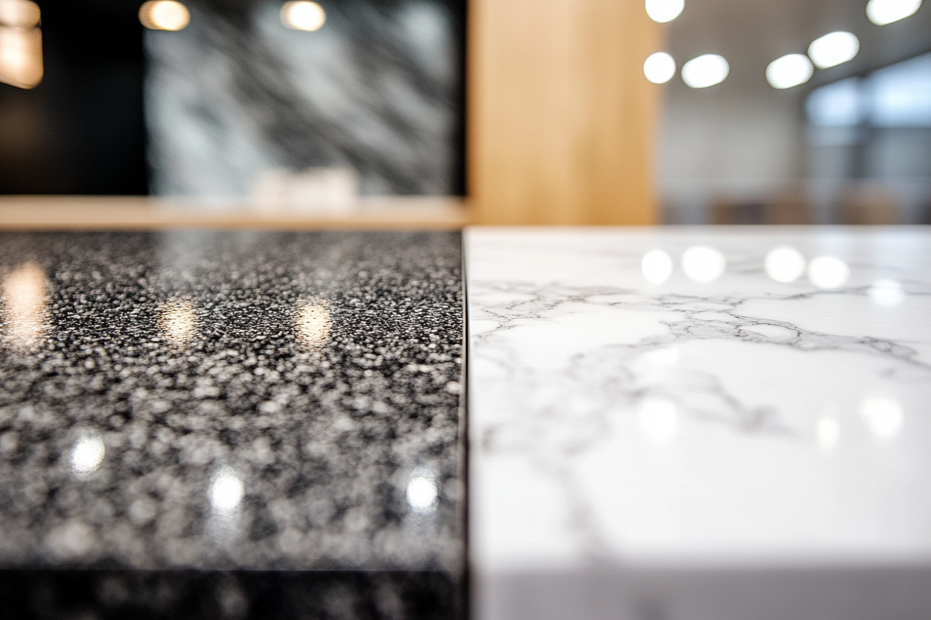 Side‑by‑side macro of granite and marble countertop surfaces