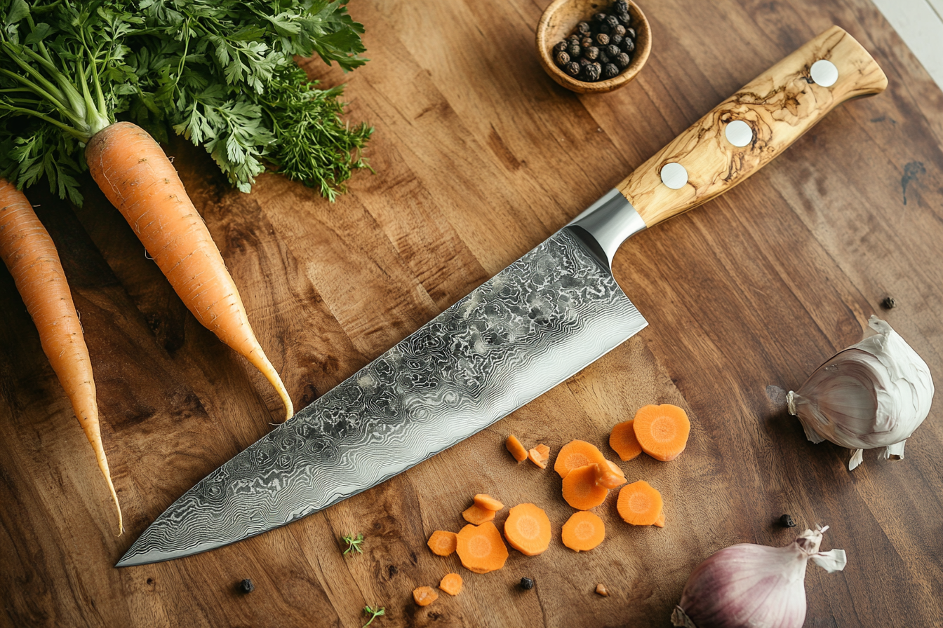 Top‑down view of butcher‑block counter with knife and chopped veggies