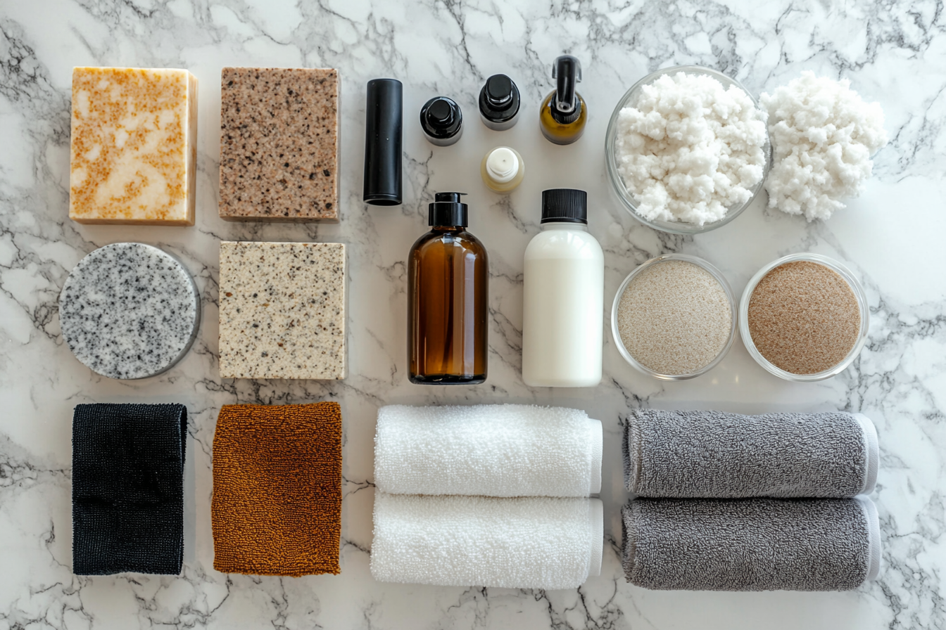 cleaning supplies on granite and quartz samples countertop care tips for homeowners